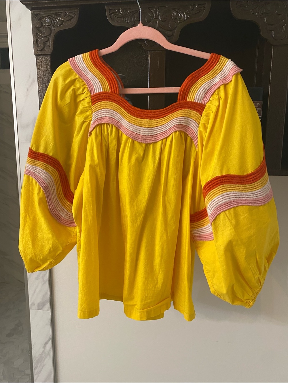 Corey Lynn Calter Bright Yellow Embroidered Puff-Sleeve Blouse